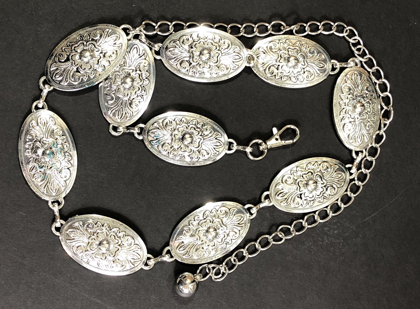 Concho Belt Chain Link Metal Silver Tone Adjustable – 27 inches to 40 inches