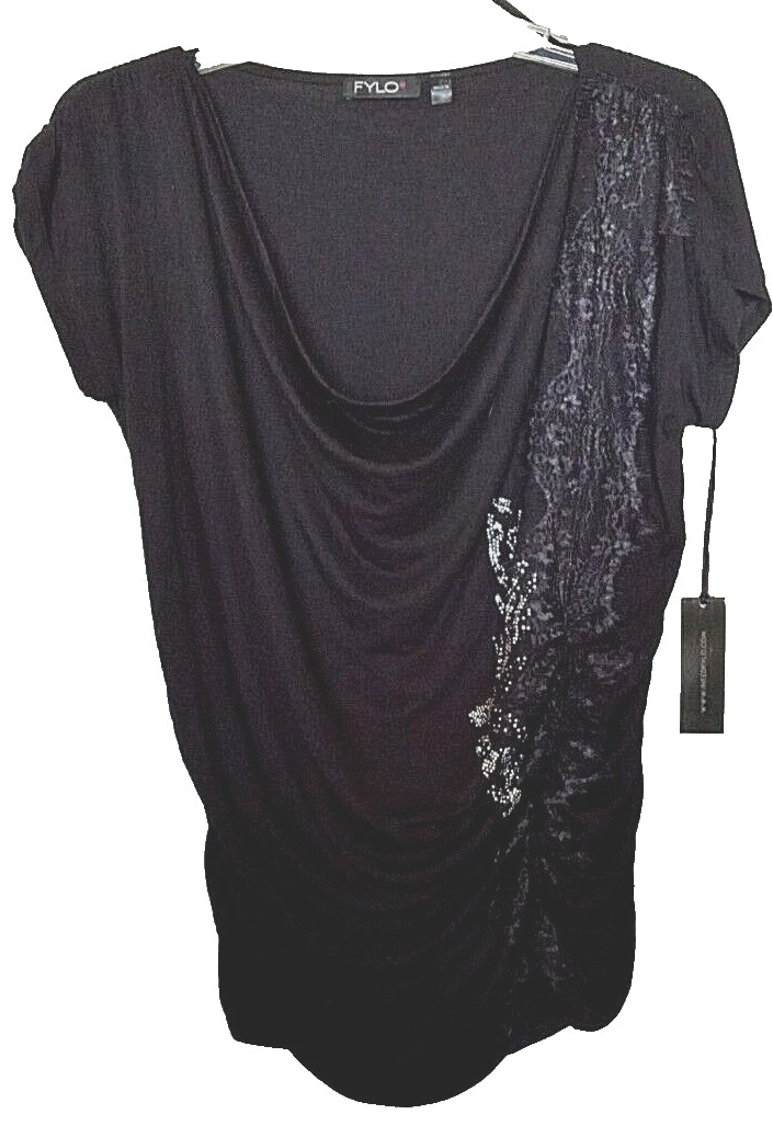 FYLO 95% viscose, 5% spandex black embellished draped T-shirt Size Medium