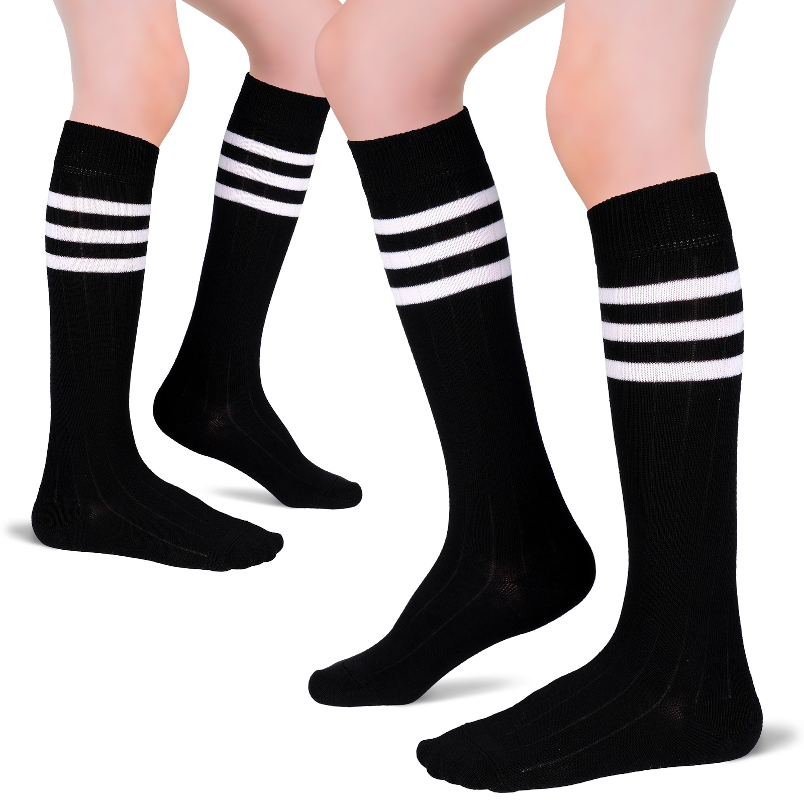 Hugh Ugoli Knee High Cotton Socks with Stripe for Girls/Boys 5-14 Years 4 Pairs