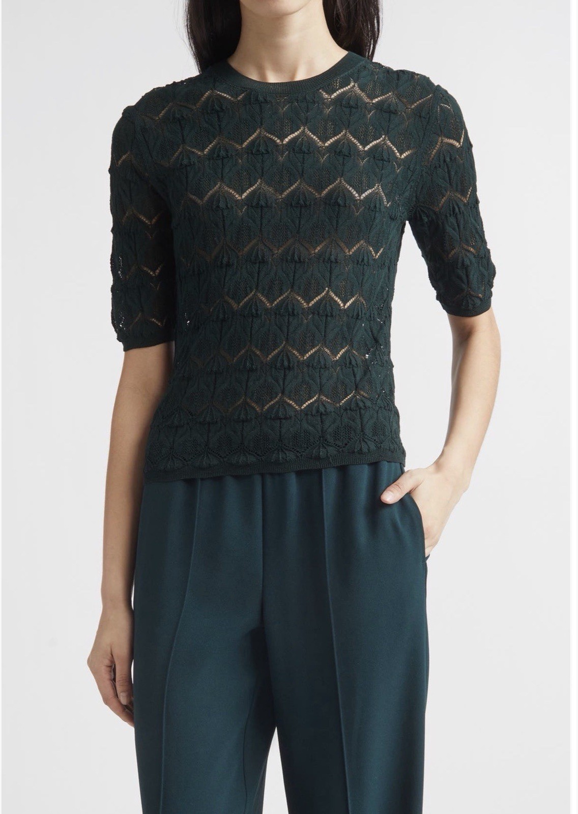 Vince Women’s Pointelle Knit Cotton Blend Sweater Medium Top Juniper Green NWT