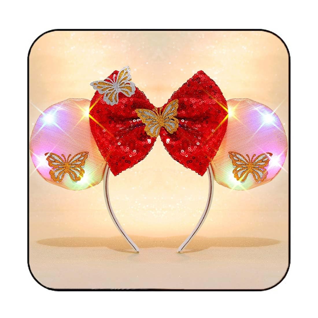 JAKAWIN Light Up Mouse Ears Headband Glowing Bow 11*9.1IN, 5 Red