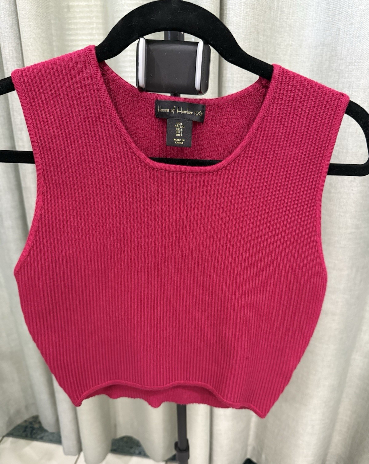 House of Harlow 1960 Women’s Pink Ribbed Knit Cropped Tank Top Round Neck L