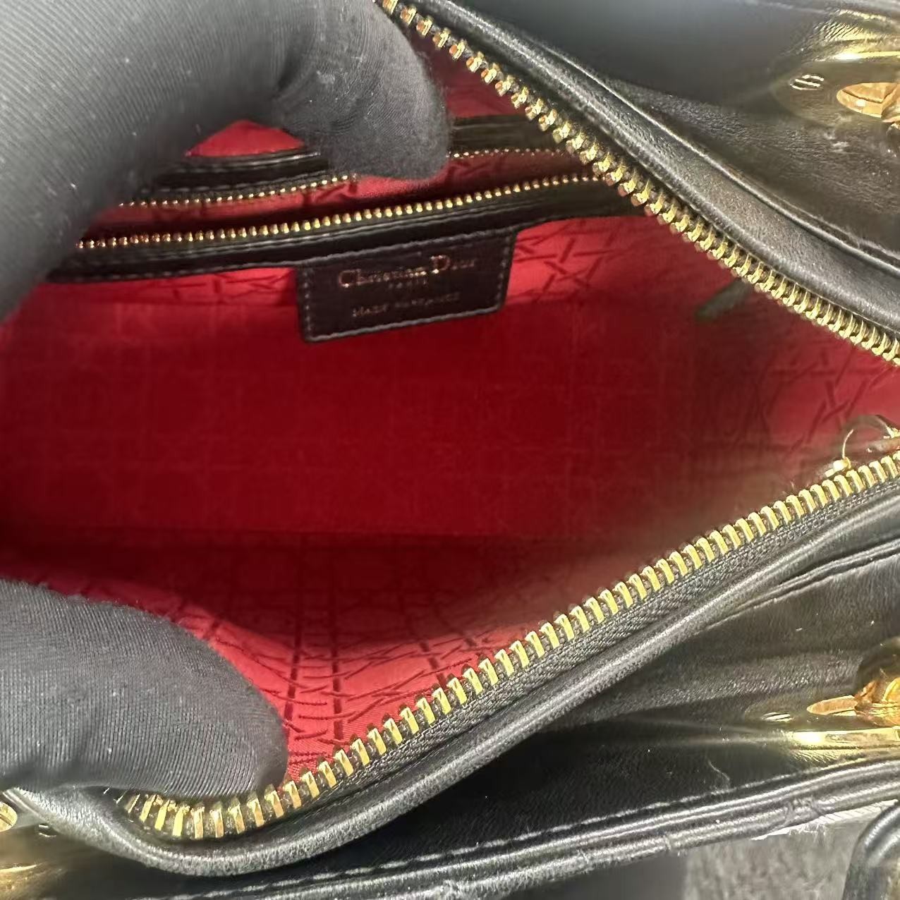 Auth Christian Dior Lady Dior Medium Black Lambskin Gold Hardware Handbag