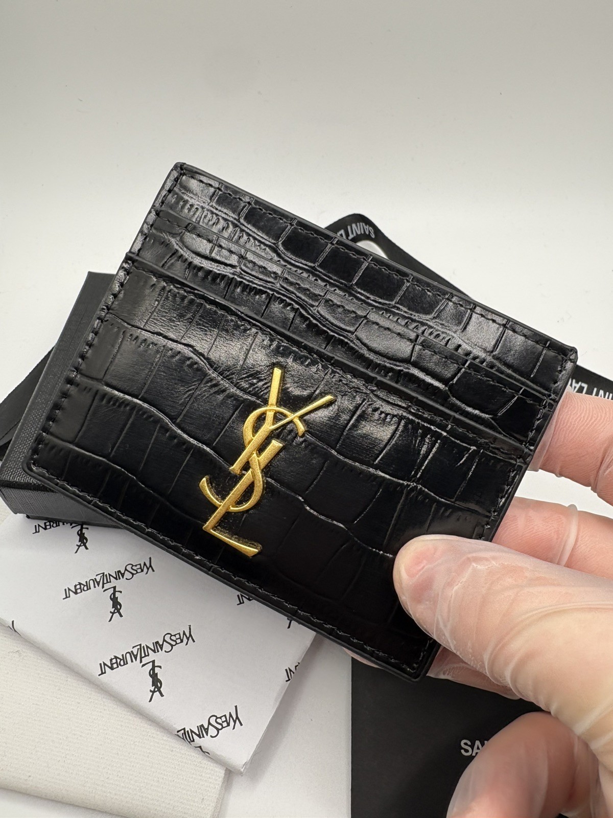 YSL Saint Laurent Black/Gold Leather Croc Embossed Card Holder Wallet