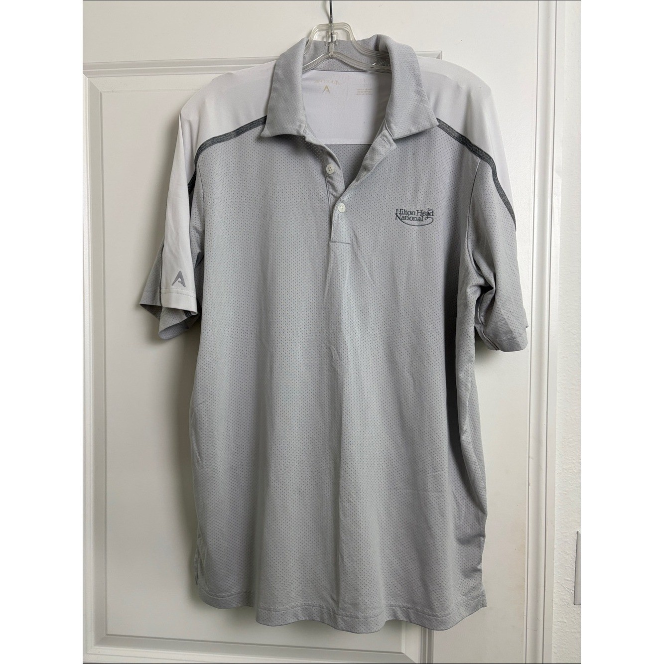Hilton Head National by Antigua Light Gray and White Men’s Polo