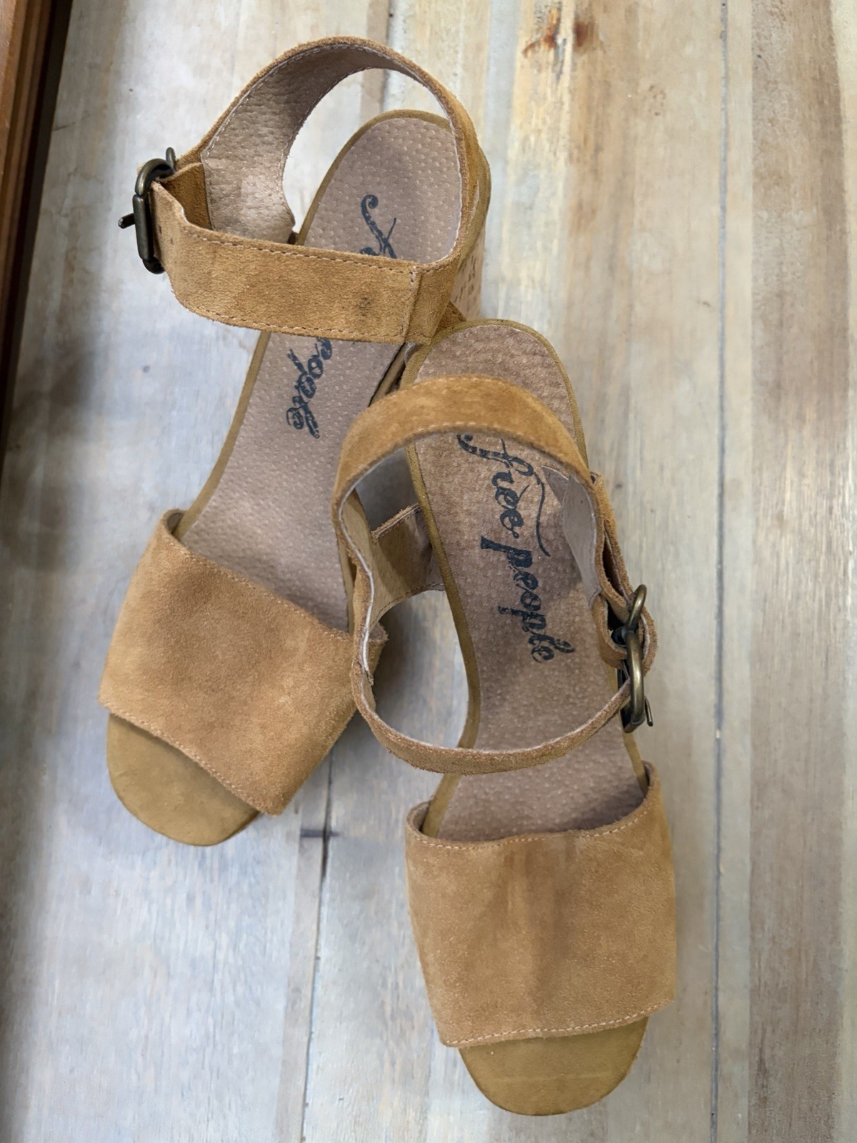 Free People Spain Camel Suede Cork Platform Block Heel Sandals EU 40 (US 9-9.5)