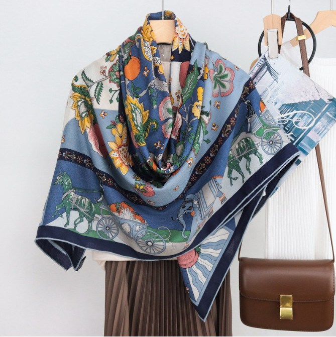 70% Cashmere 30% Silk Neckerchief Scarf peach Print Bandana Shawl 53” Wrap new