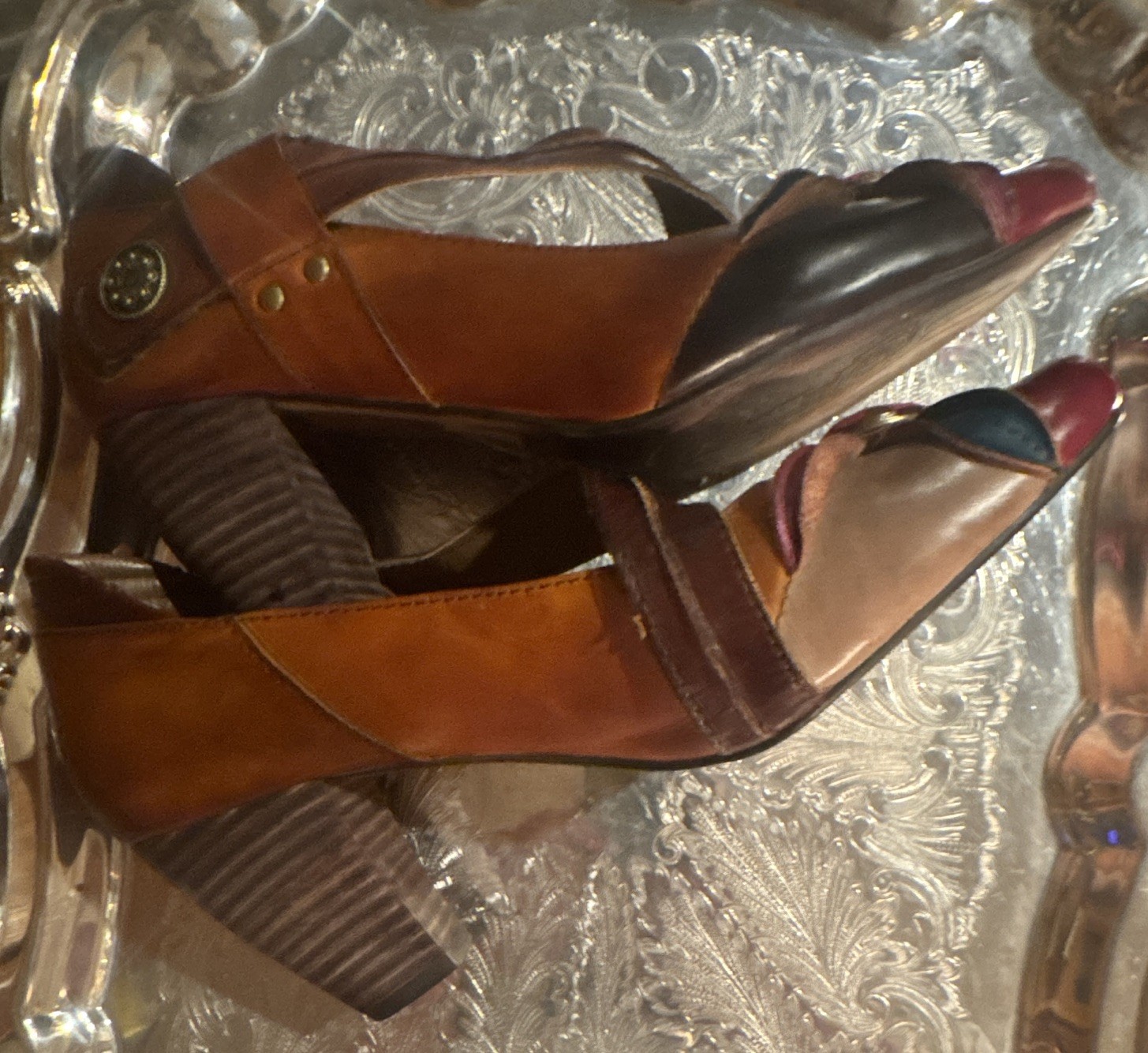 Elite By Conxys Multicolor Authentic Leather Block Heel Almond Toe US 8