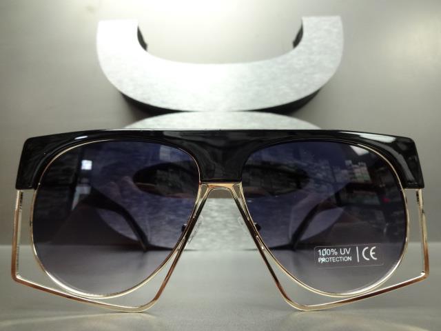 OVERSIZED Exotic VINTAGE RETRO Style SUN GLASSES Unique Funky Black & Gold Frame