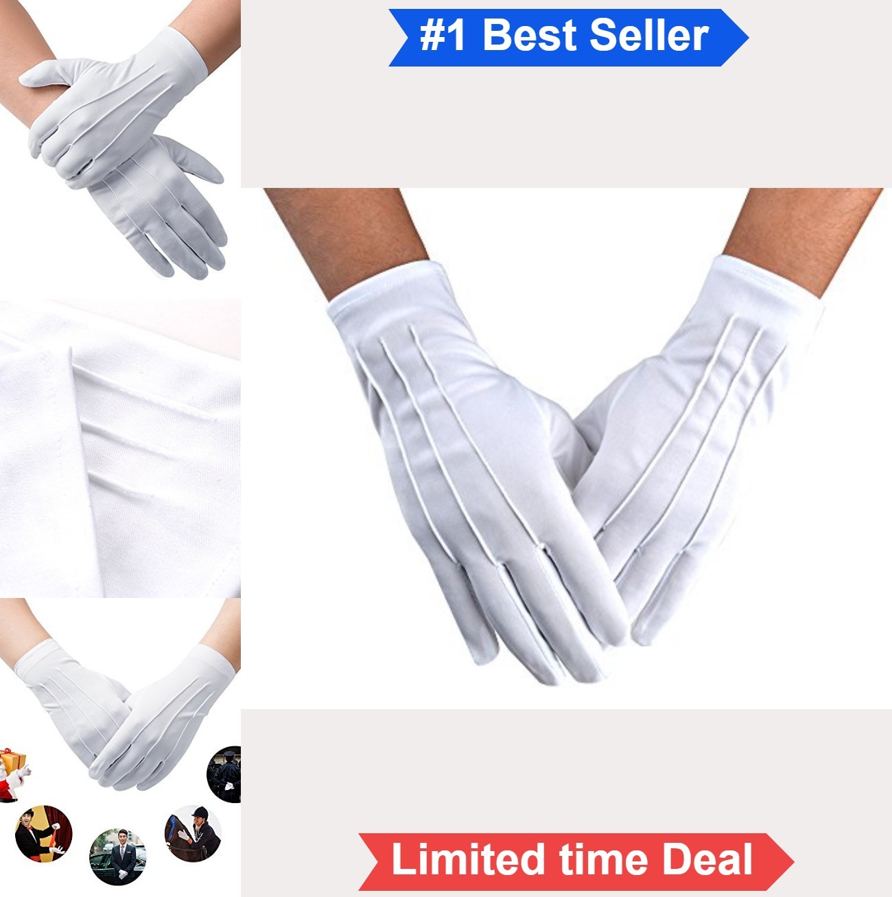 Men White Formal Gloves 10.2 Inch Nylon Cotton Parade Honor Guard Driving