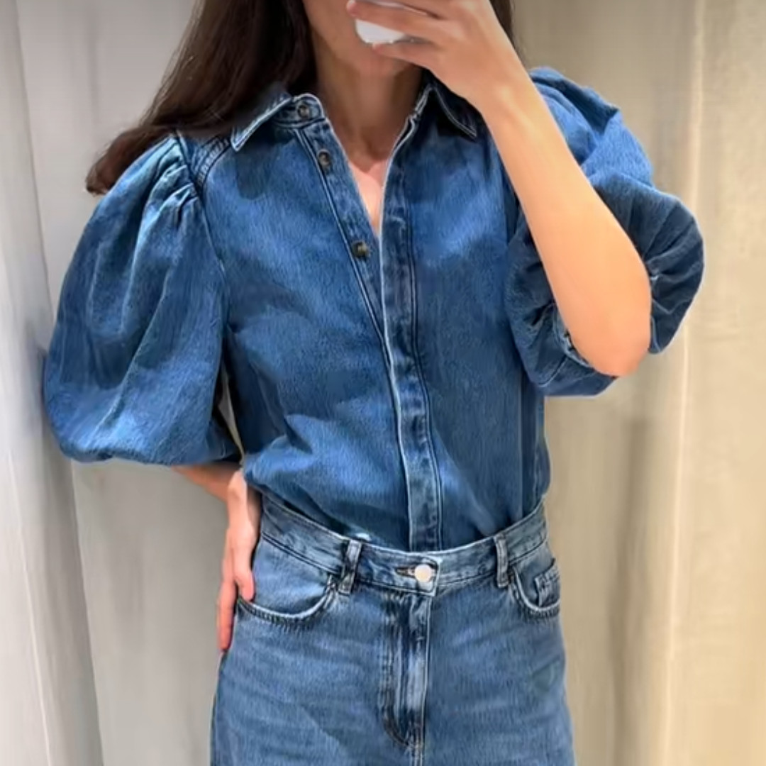 NWT ZARA Denim Puff Sleeve Blouse ZW Collection Blue 5216/053 XS, S, M, L