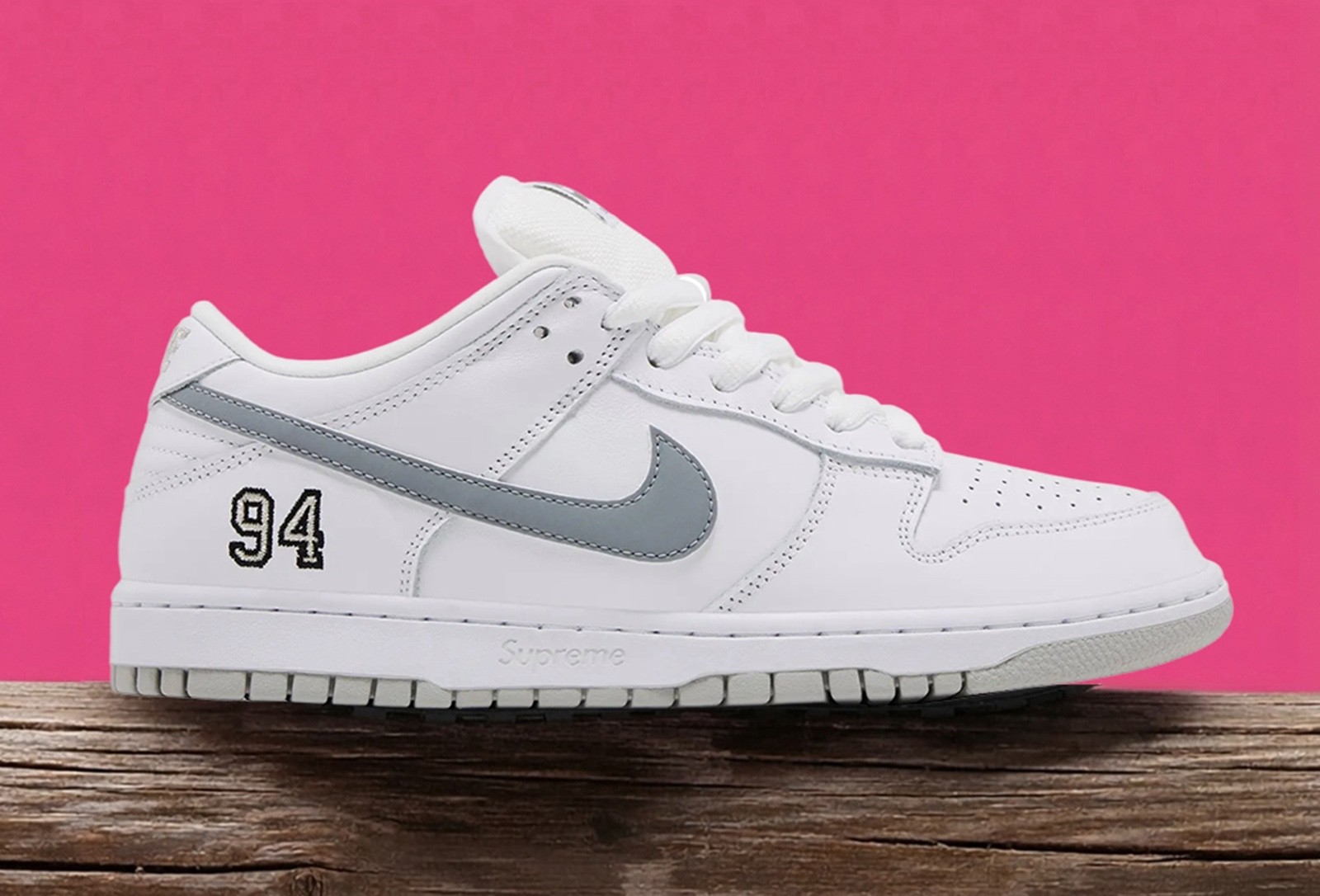 Nike Supreme x Dunk Low SB White Metallic Silver Men’s Athletic Shoes (Leather)