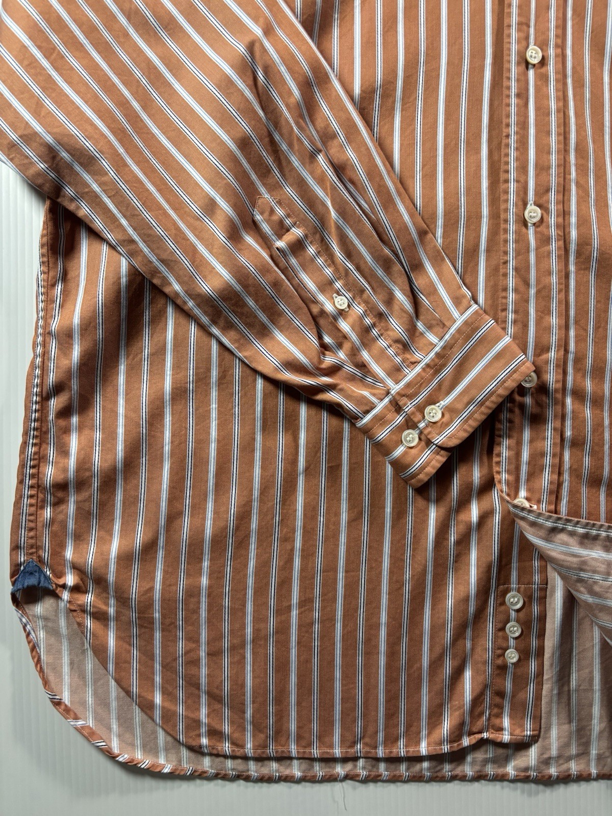 Faconnable Shirt Mens 2XL Orange White Blue Striped Woven Cotton BD LS Pocket