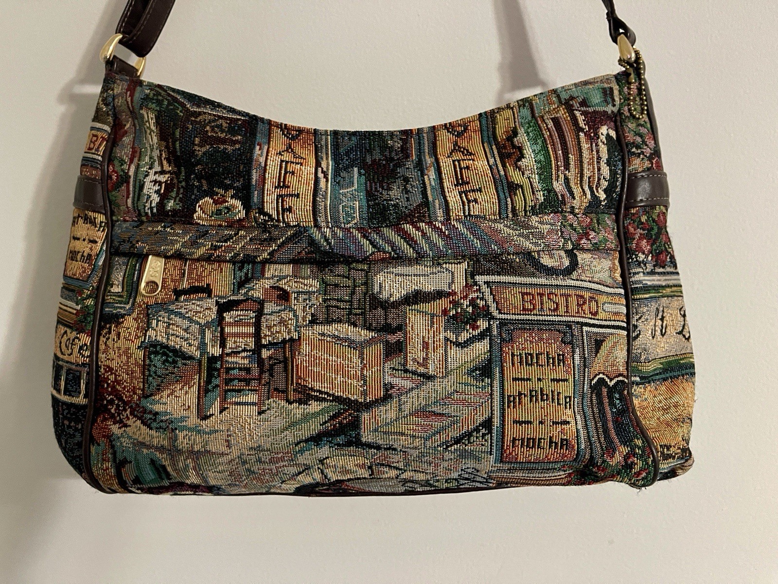 Vintage Sas Needlepoint Tapestry Shoulder Bag Purse Cafe Scene Boho Western