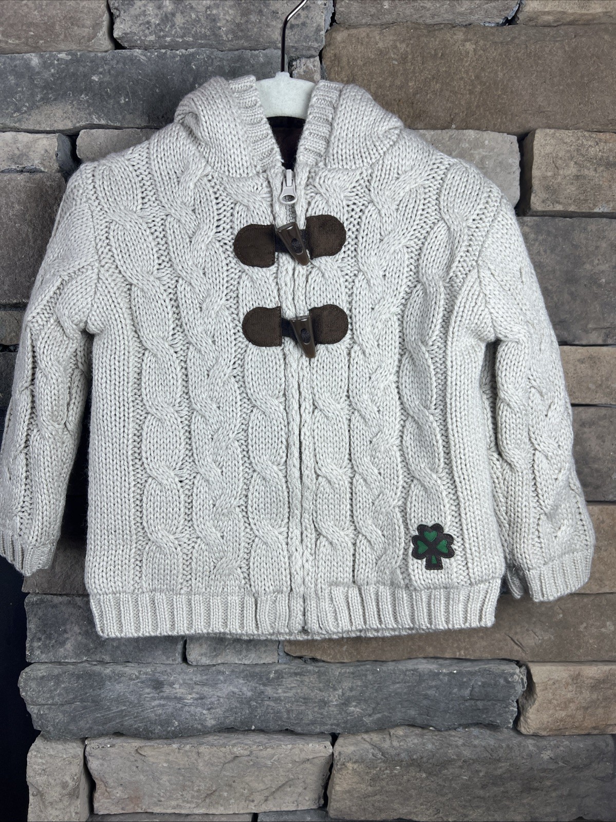 Aran Toggle 2 Button Jacket Beige And Brown With Shamrock Patch 12M