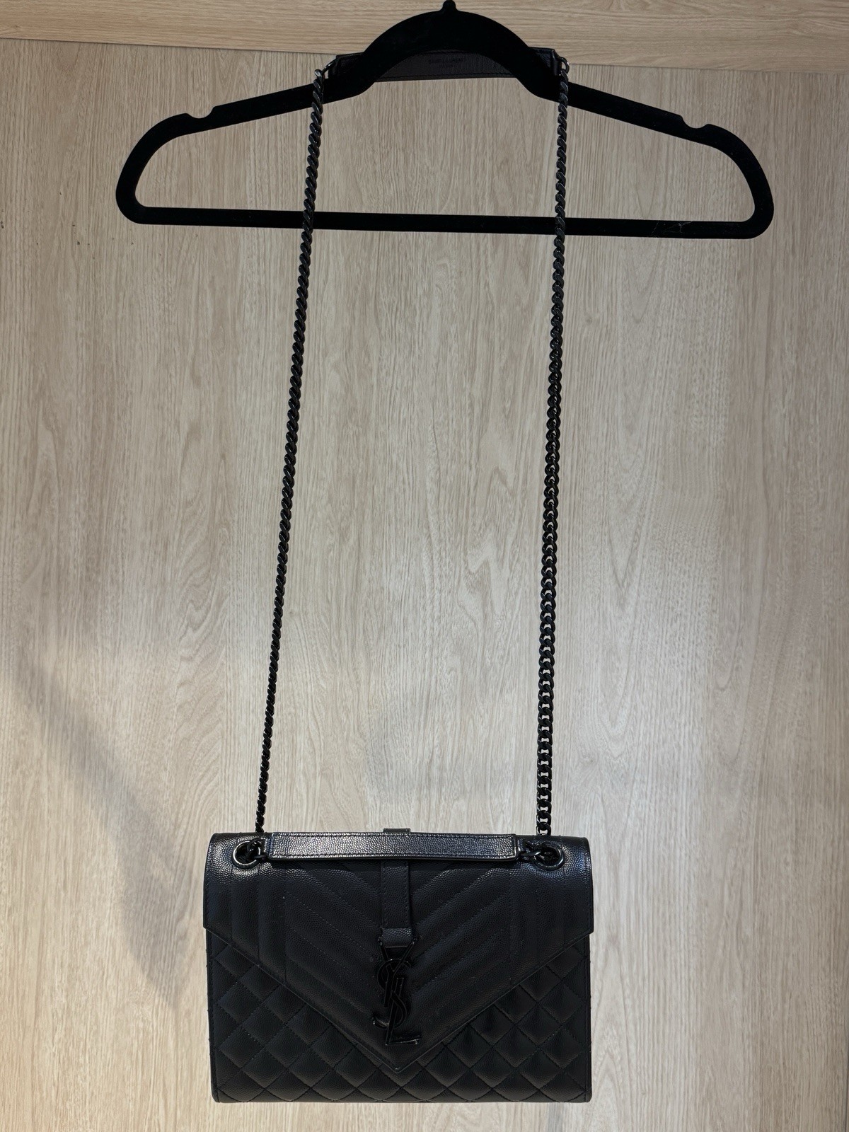 Saint Laurent Black Quilted Grain Leather, Chain Strap Bag, Medium, Logo