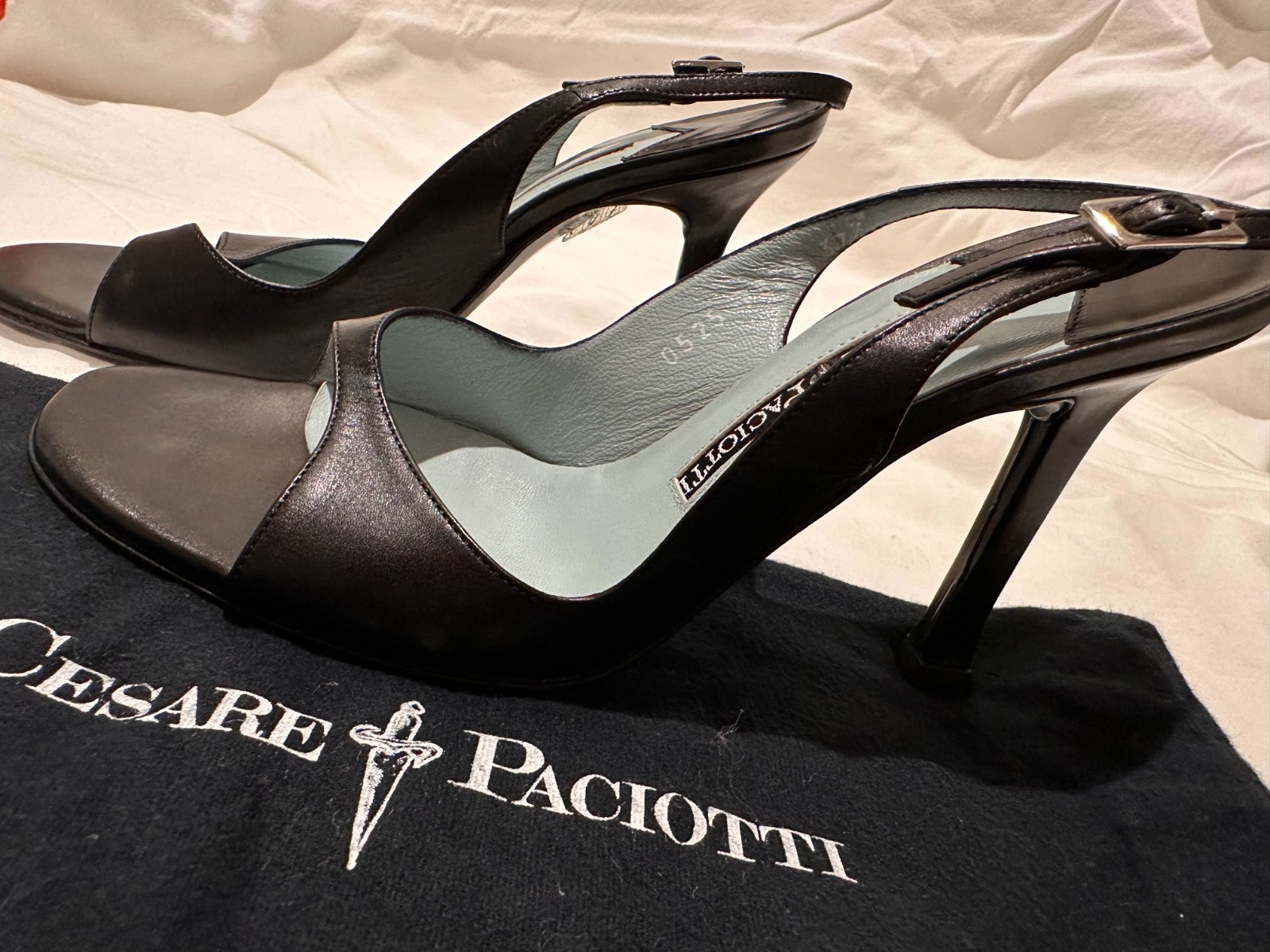 Cesare Paciotti Black Leather Slingback Heels – Iconic Light Blue Insole
