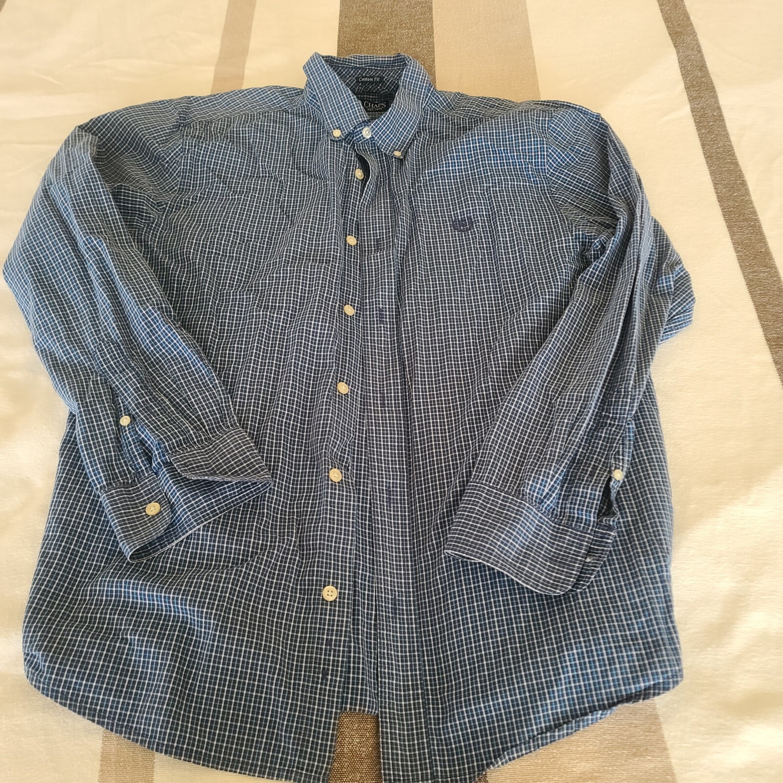 Chaps Custom Fit Mens Adult Green White Large Stripe Casual Button Up Shirt