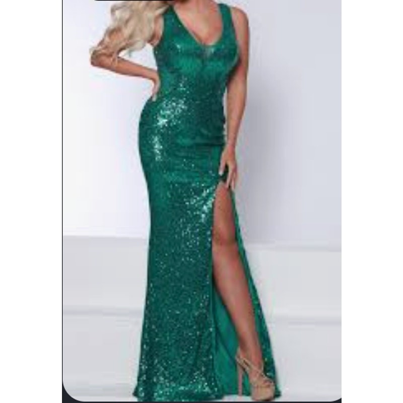 M shop 17 allover sequin emerald green pencil fitted slit strap maxi prom dress