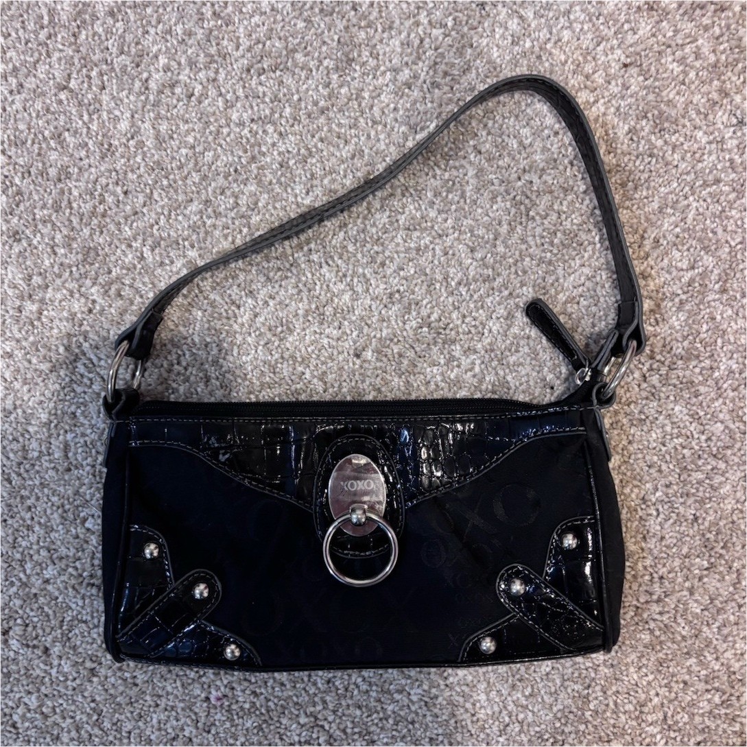 XOXO Black Patent Logo Small Shoulder Bag, Zip Closure, Silver Hardware