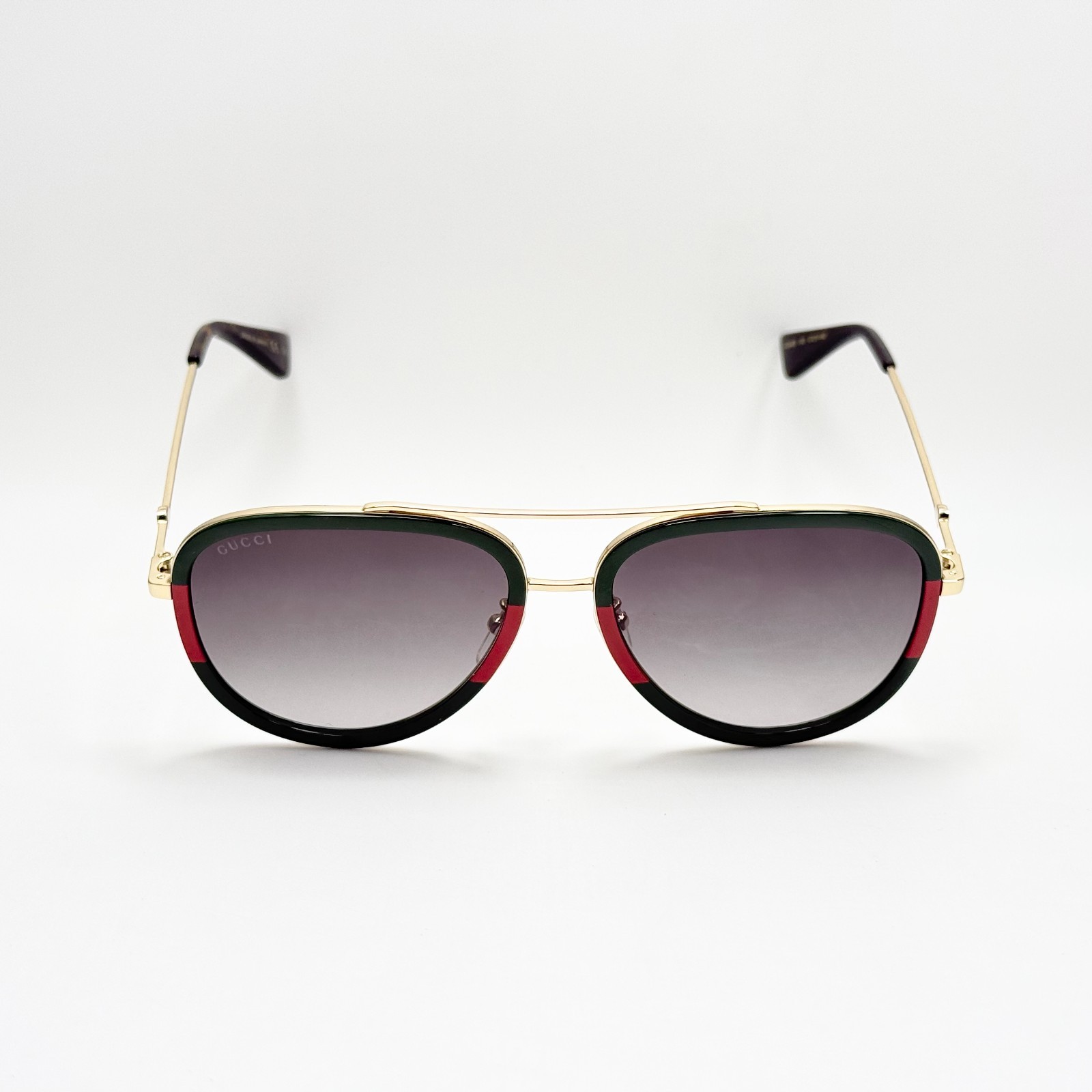 Gucci GG0062S 003 Aviator Sunglasses Green Red Gold Frame Gray Lens 57mm