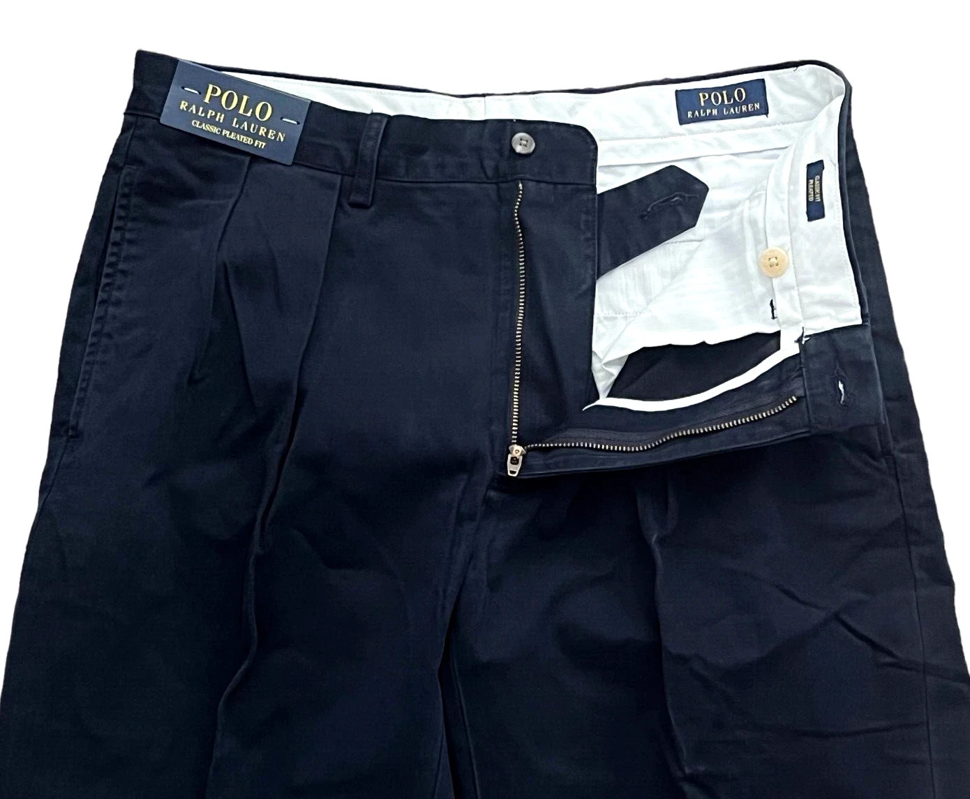 Men Polo Ralph Lauren Logo Chino Classic Fit Pleated Golf Work Pants Navy 32 34