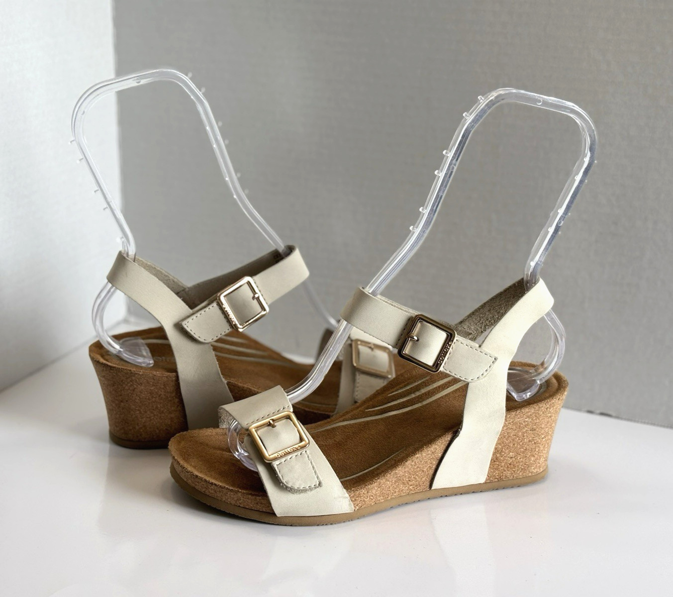 Aetrex Lexa Quarter Strap Wedge Sandals Women’s 7.5 Ivory Leather Open Toe Cork