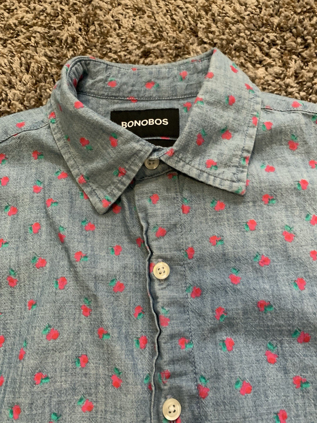 Bonobos Men’s Small Slim Fit Chambray Floral Riviera Short Sleeve Shirt