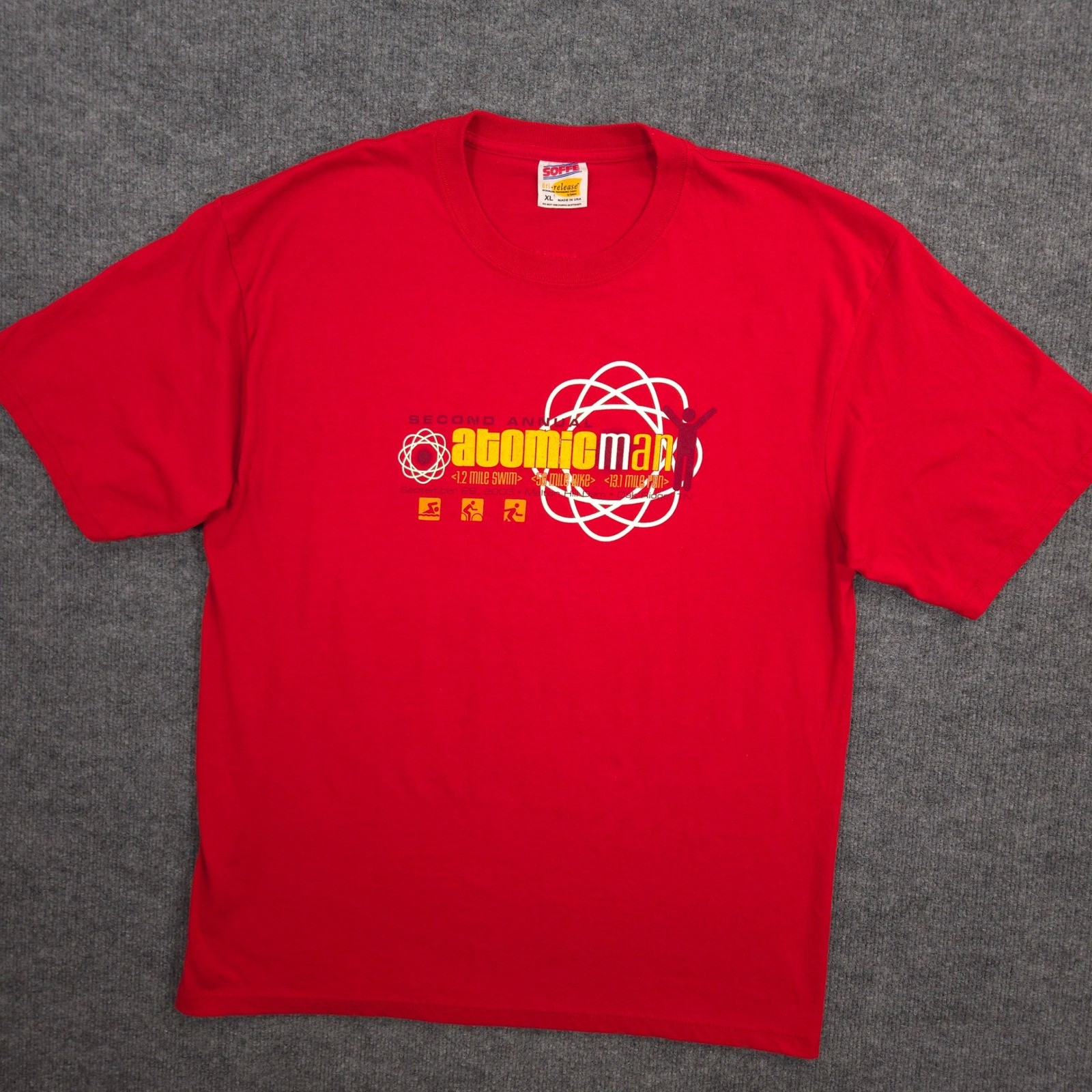 Vintage 2003 Atomic Man Triathlon T Shirt Mens XL Red Tennessee Made In USA