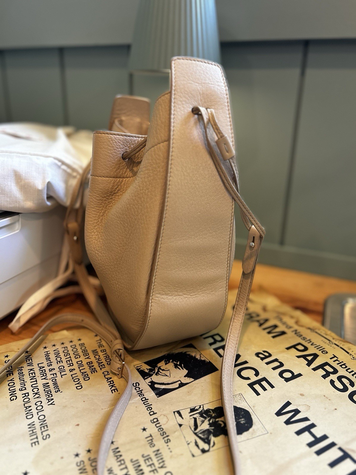 THE ROW Beige Pebbled Drawstring Bucket Crossbody Bag Gold Hardware