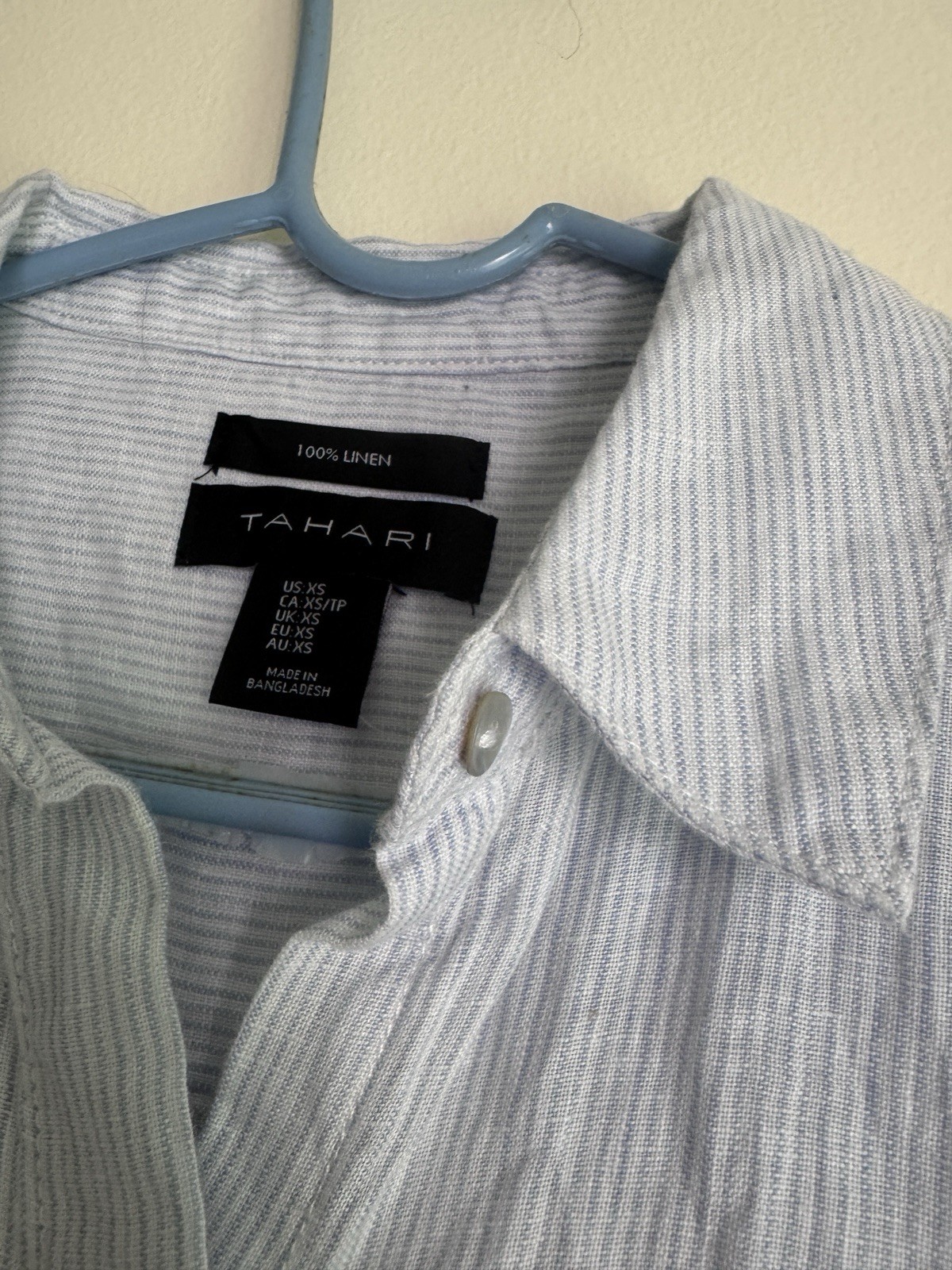 Tahari XS 100% Linen Striped Button Front Collared Shirt Dress Blue White