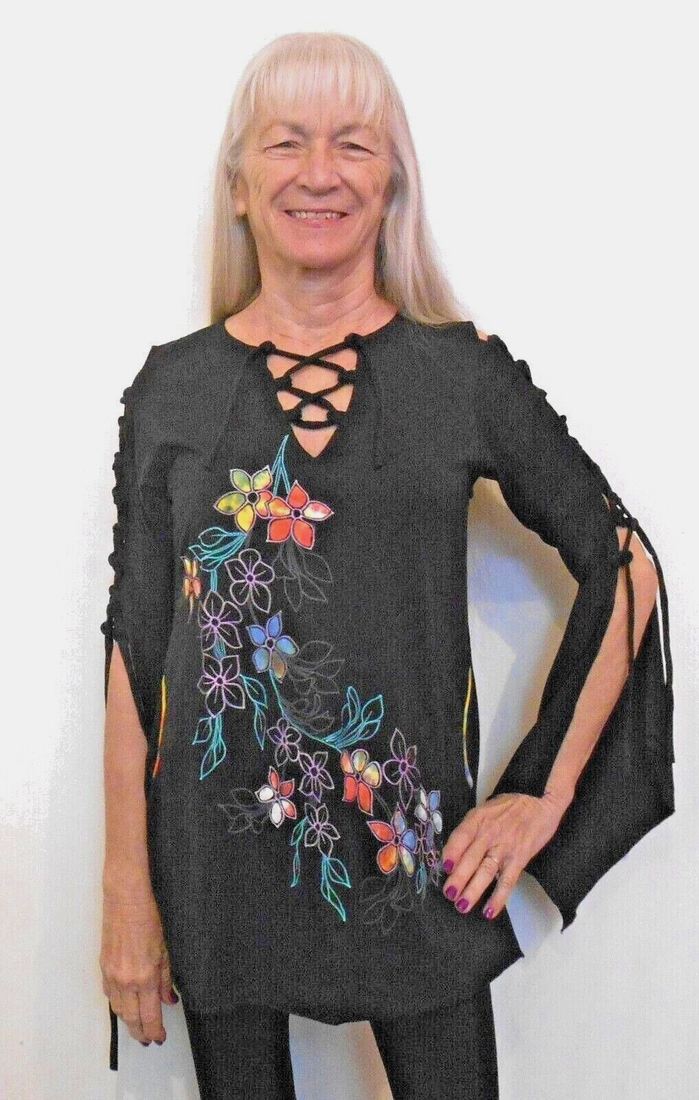 Jayli NEPAL TUNIC TOP / DRESS Fair Trade FLOWER APPLIQUE EMBROIDERY Open Sleeve