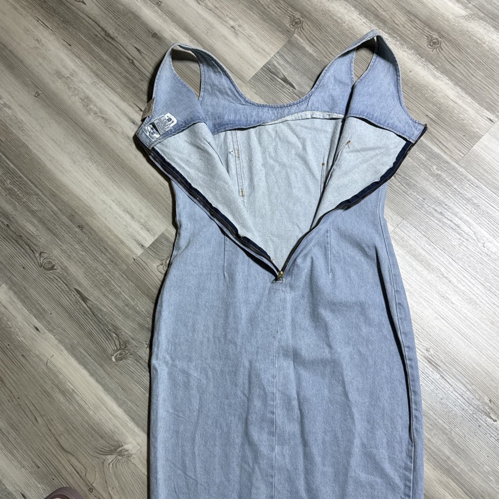 Vtg Denim Dress Maxi Buttons size L Western Rockabilly Zips Form Fitting RARE