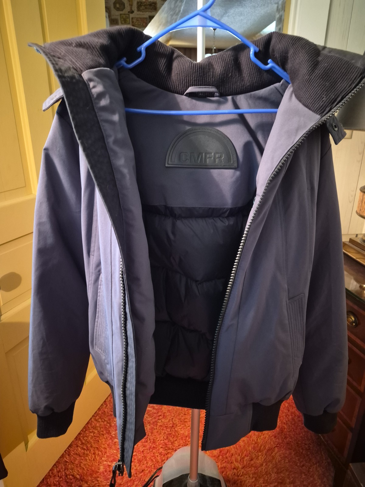 CMFR Men’s Blue Full Zip Hooded Bomber Jacket M Stand-Up Fur Trim Down Short