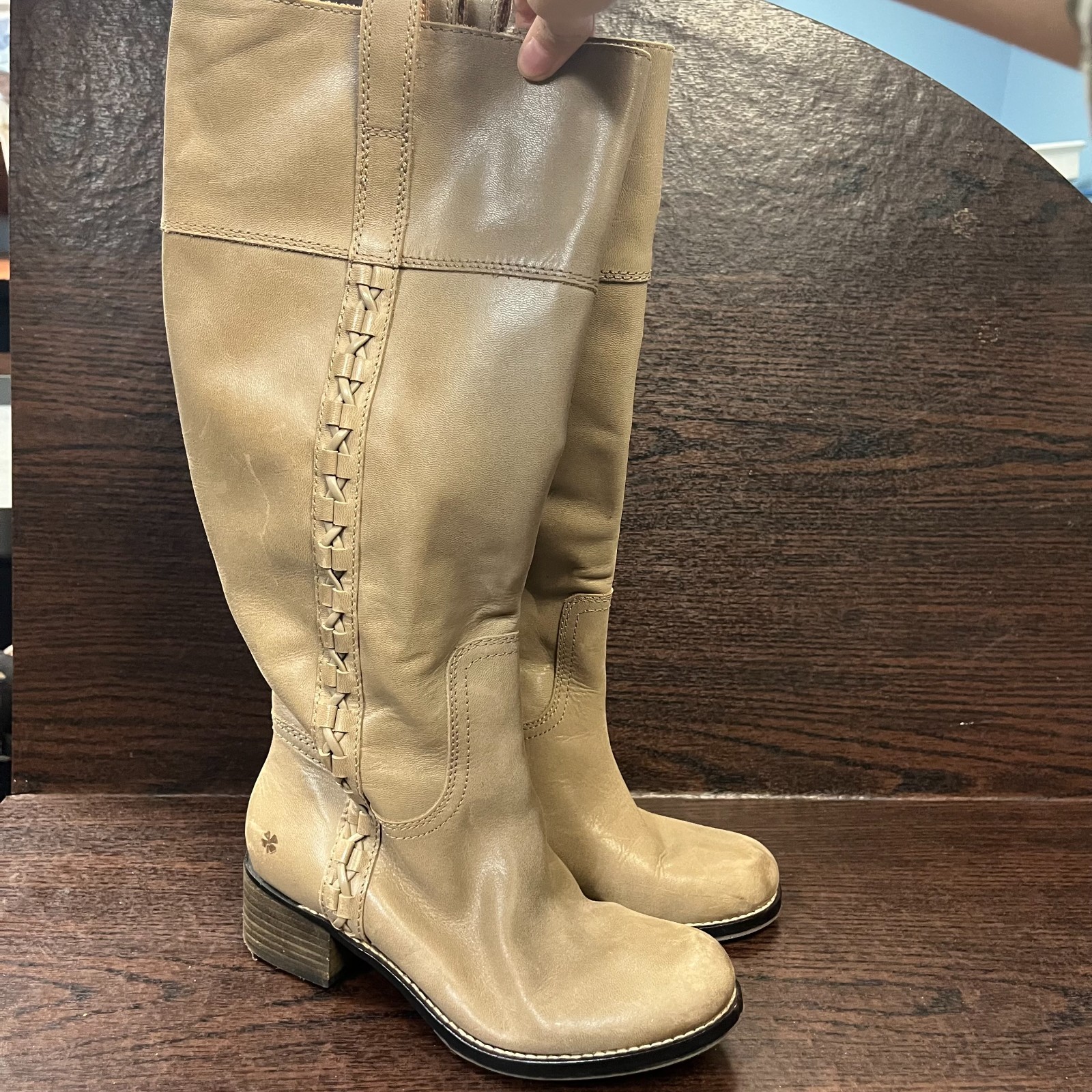 Lucky Brand Women’s Hidranja Knee High Boot 7M Beige Leather Stacked Heel Woven