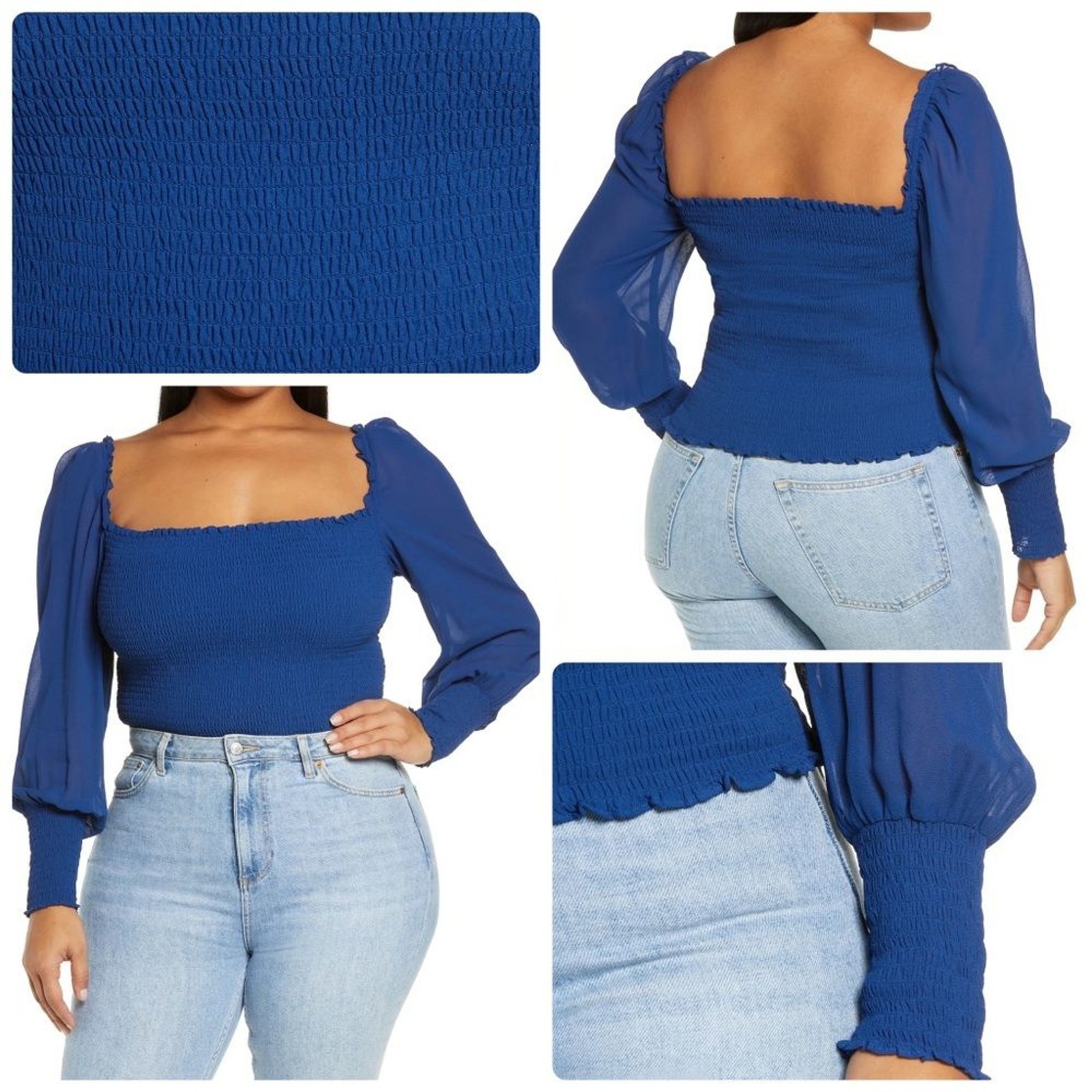 Reformation NWT $148 1X Pinto Smocked Long Puff Sleeves Top Es in Caspian Blue
