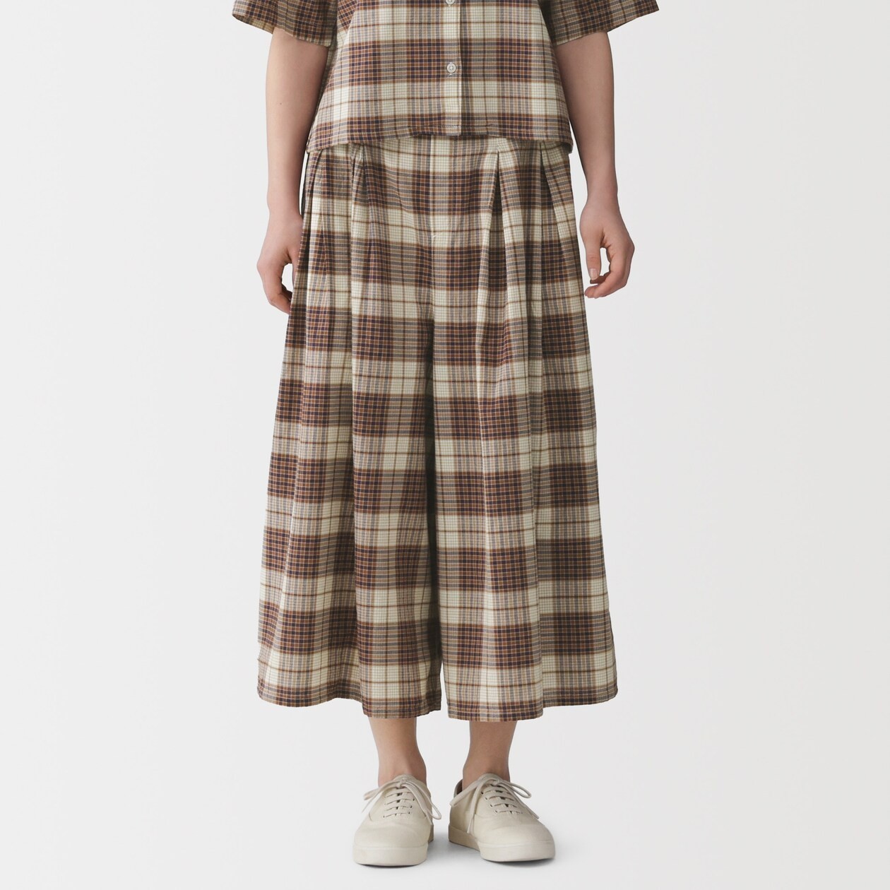 MUJI Womens 100% Organic Cotton Madras Check Skirt Pants Beige FedEx