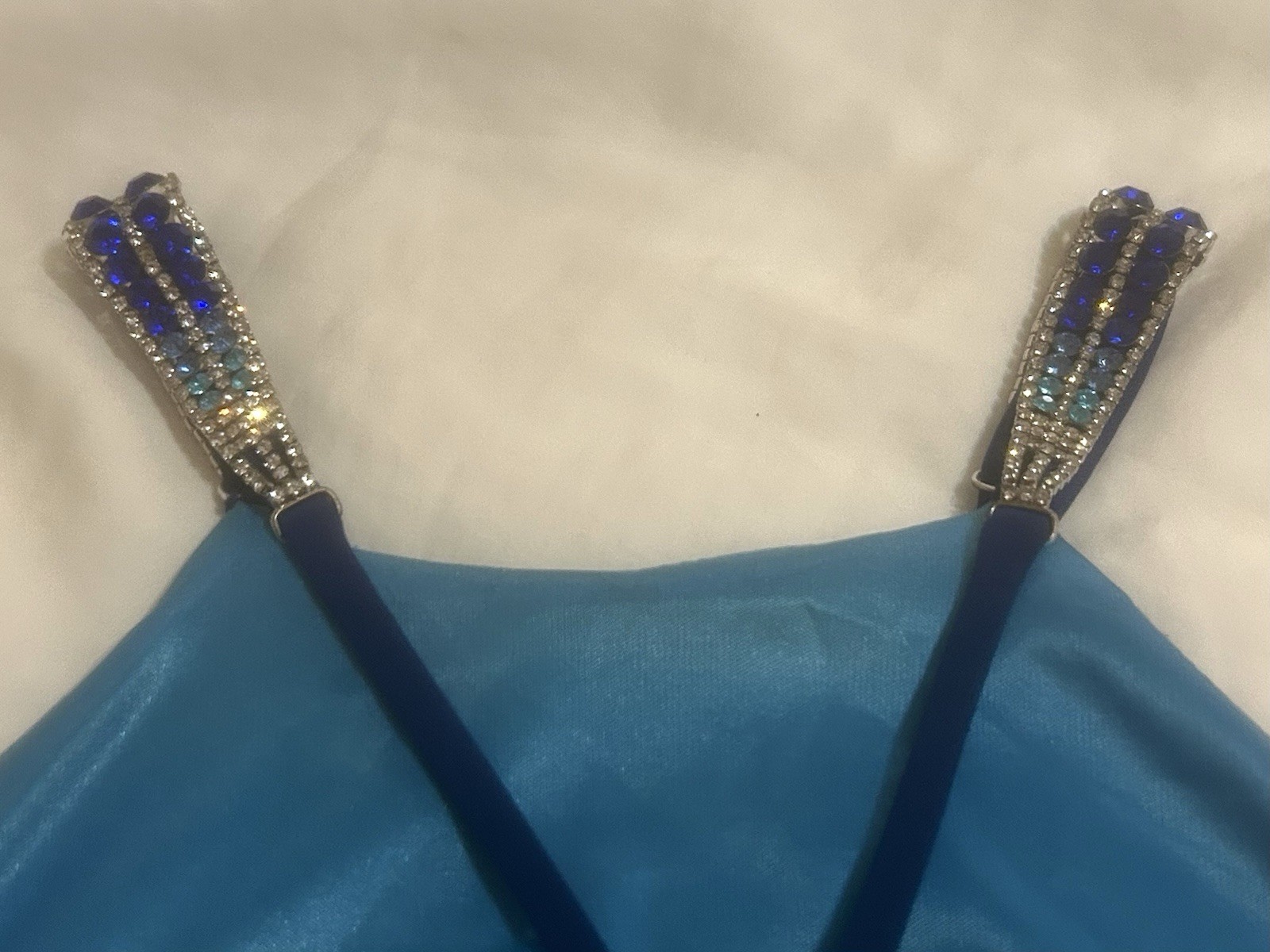 Betsy & Adam Blue Halter Rhinestone Slit Long Gown Prom Homecoming