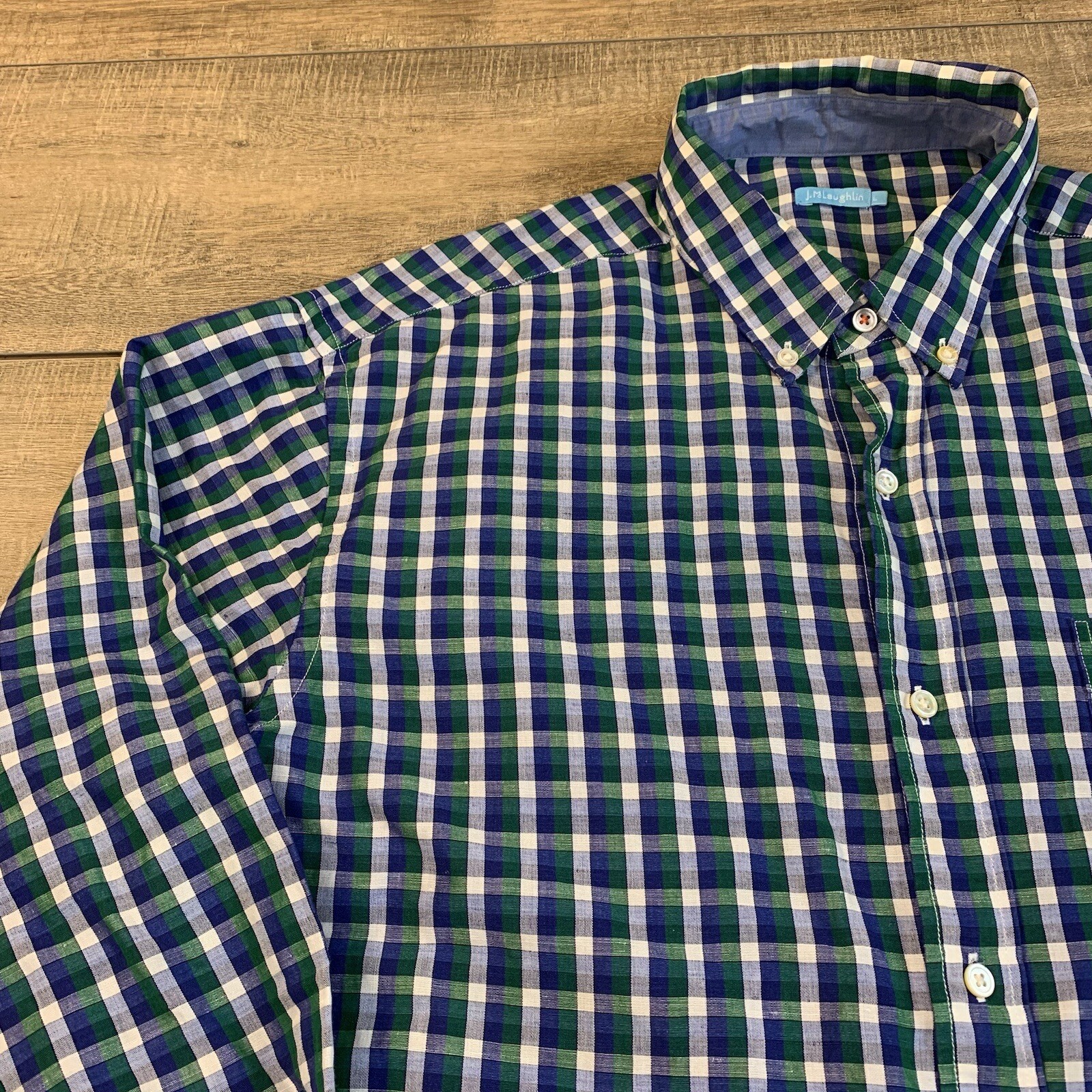 J McLaughlin Mens Long Sleeve Button Up Shirt Size Large 52% Linen Check B16