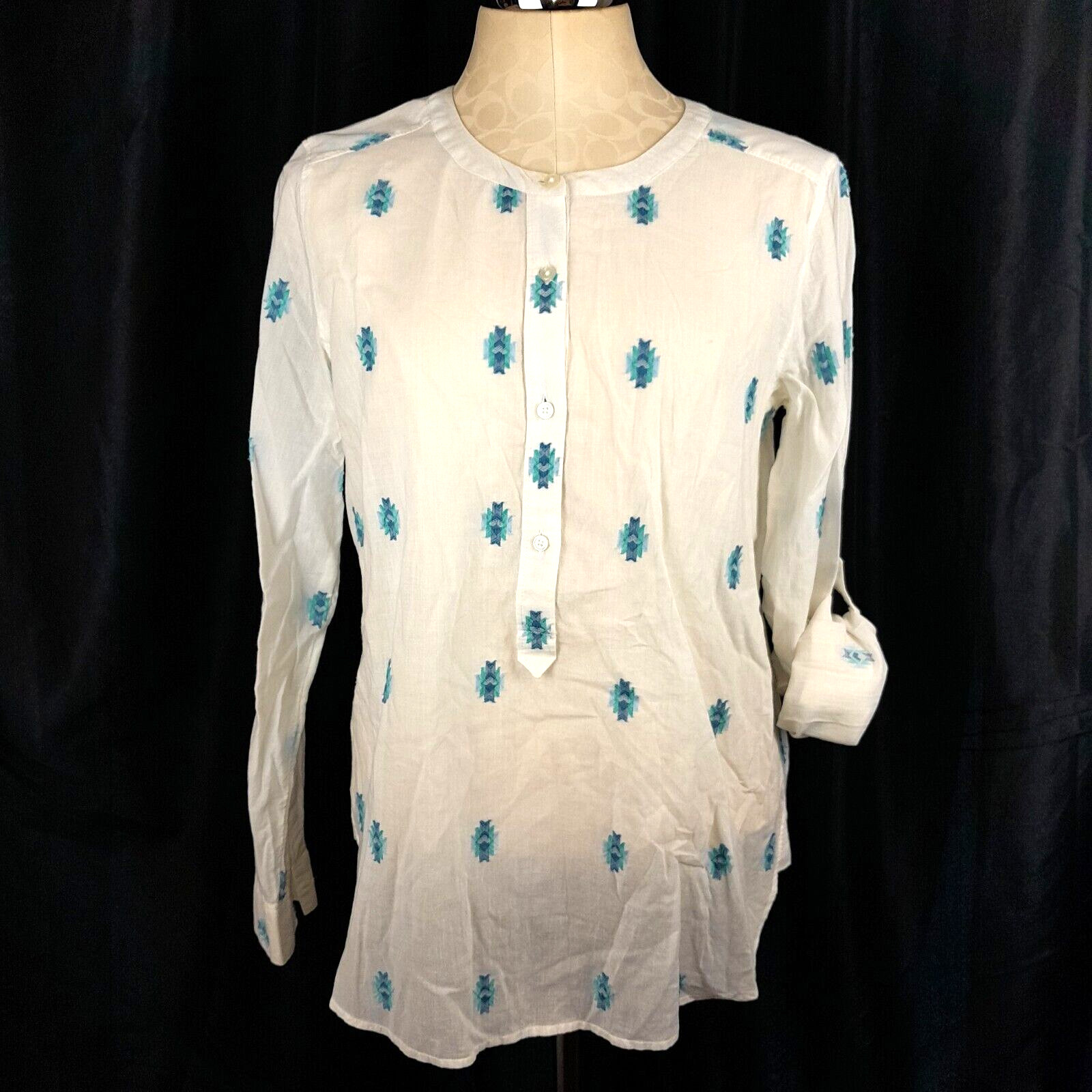 Ann Taylor Loft Womens Tunic M White Embroidered Aztec Roll Tab Sleeve Pullover