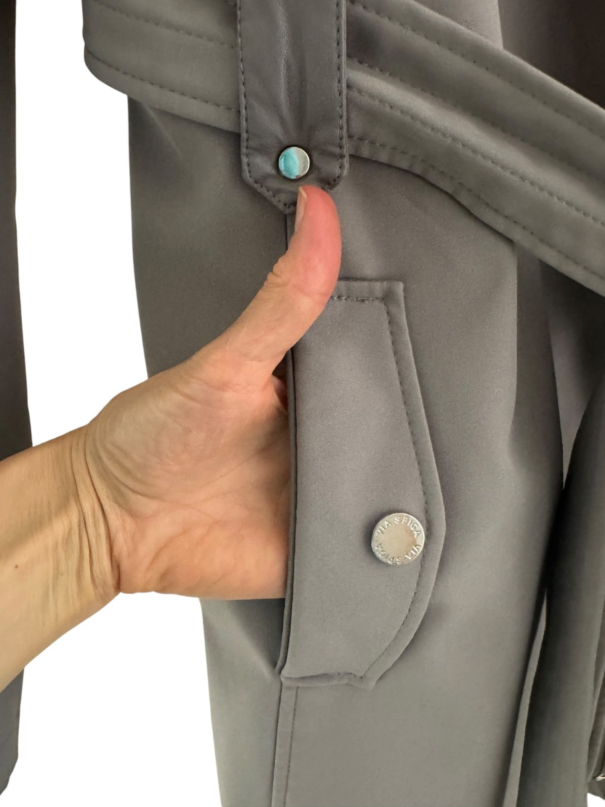 Via Spiga Soft Shell Asymmetrical Zip Belted Coat Gray Hooded Sz M Trench Jacket