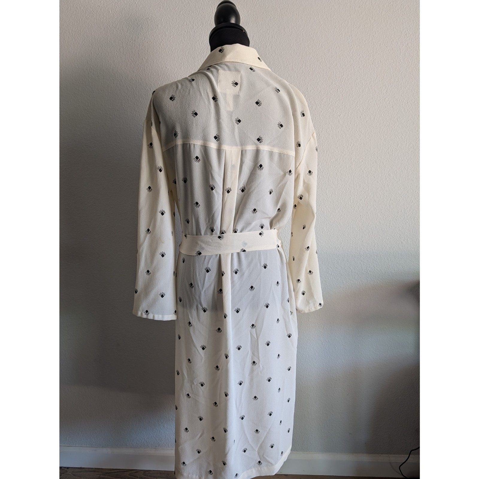 Wrap Duster Jacket Small Ivory Black Geometric Print Belted Long Sleeve