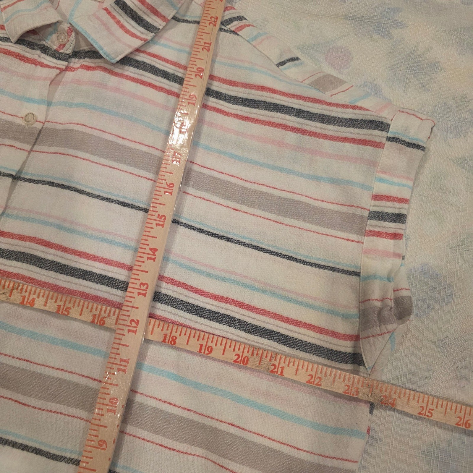 Lagenlook Weatherproof Wmns Large Linen Blnd Stripd Tie Front Shirt Multi-Color
