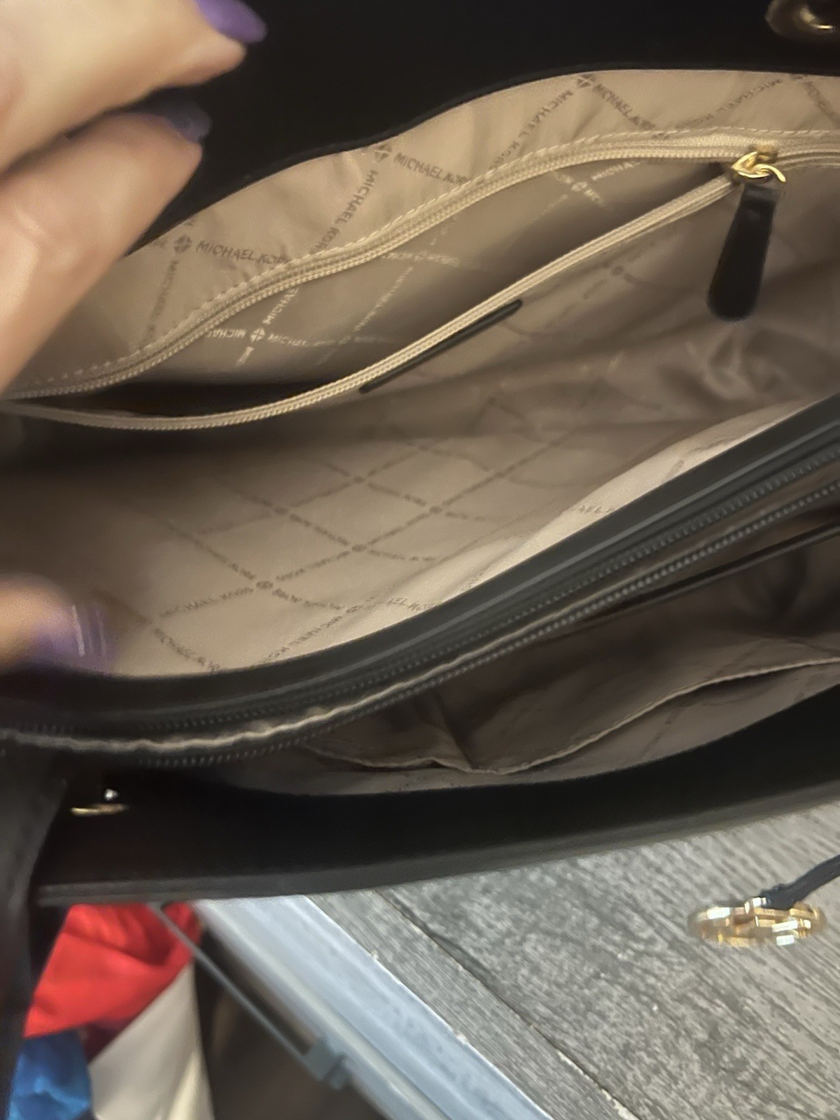 Michael Kors Monogram Zip Tote Bag Brown/Black Double Handles Gold Charm Pockets