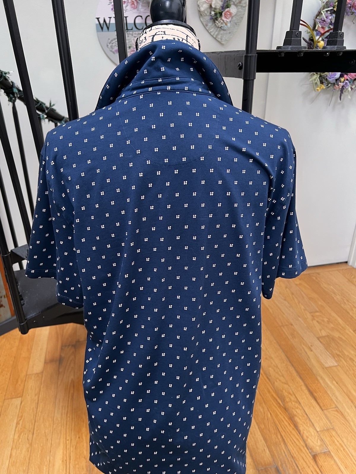 Hickey Freeman Men’s Navy Blue/White Geometric Polo Short Sleeve Button M