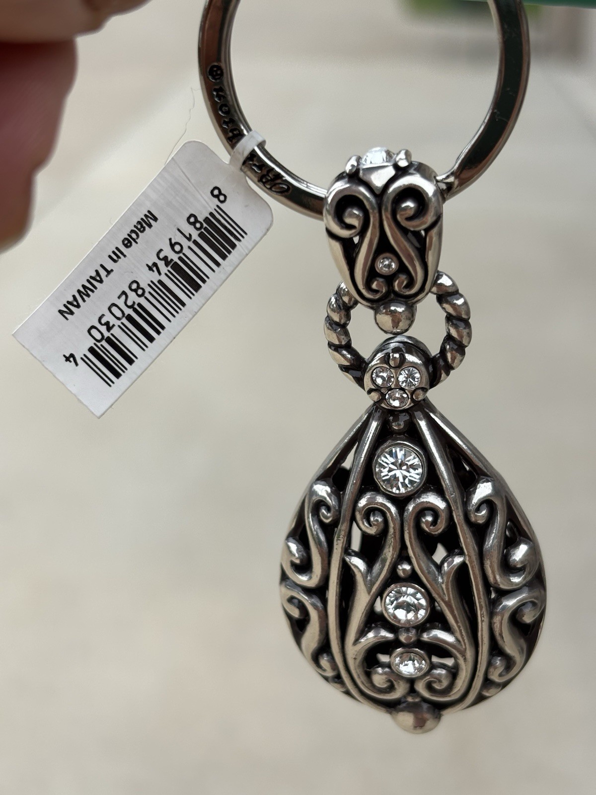 Brighton Silver Tone Metal Teardrop Scroll Key Chain w/ Rhinestone Accents