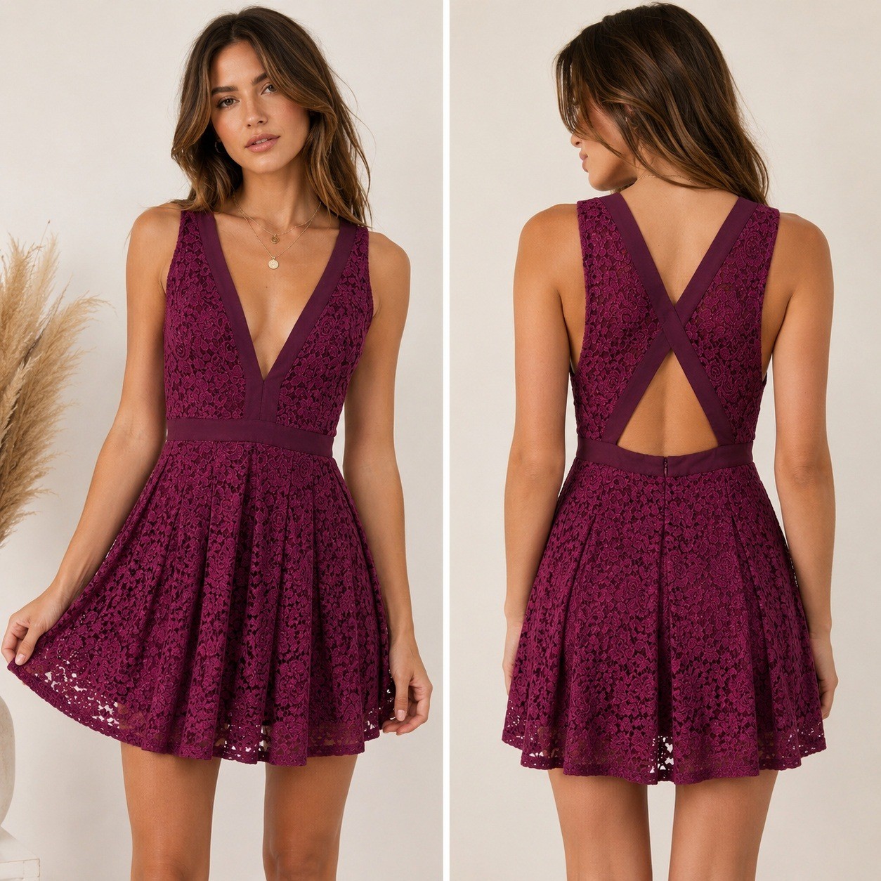 Free People M Burgundy Lace Mini Dress Plunge V Neck Open Back Boho