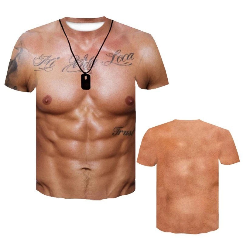 3D Muscle Chicano Tattoo T-Shirt Men Fake Abs Chest Body Necklace AOP Tee