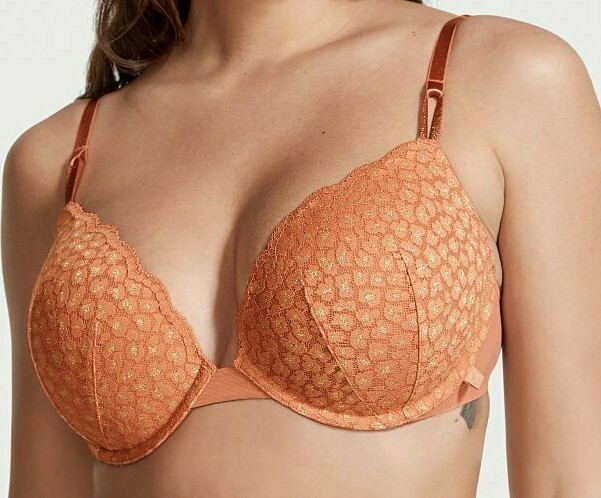 38D Carmel Gold SHINE Lace Mesh Extreme Lift Victorias Secret Plunge PU UW Bra