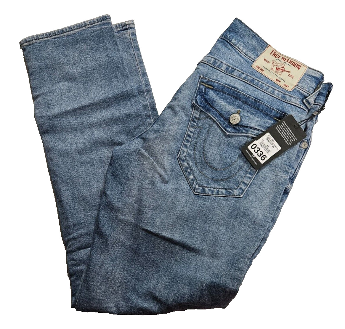 True Religion Geno Flap Straight Jeans 31×32 Ashley Light Wash w/Rips 106054